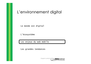 L’environnement digital
Le monde est digital
L’écosystème
Les enjeux du web mobile
Les grandes tendances
Gregoire Lockhart
 