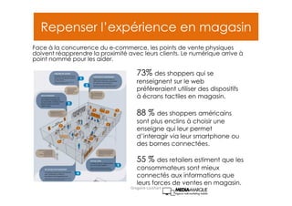 73% des shoppers qui se
renseignent sur le web
préfèreraient utiliser des dispositifs
à écrans tactiles en magasin.
88 % des shoppers américains
sont plus enclins à choisir une
enseigne qui leur permet
d’interagir via leur smartphone ou
des bornes connectées.
55 % des retailers estiment que les
consommateurs sont mieux
connectés aux informations que
leurs forces de ventes en magasin.
Repenser l’expérience en magasin
Face à la concurrence du e-commerce, les points de vente physiques
doivent réapprendre la proximité avec leurs clients. Le numérique arrive à
point nommé pour les aider.
Gregoire Lockhart
 