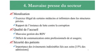 4. Mauvaise presse du secteur
Moralisation
Exercice illégal de certains médecins et infirmiers dans les structures
privées.
Rapport de l’instance de lutte contre la corruption
Qualité de l’accueil
Mauvaise gestion des RDV
Déficit de communication entre professionnels de et usagers;
Sécurité des patients
Importance des événements indésirables liés aux soins [15% des
admissions] 11
 
