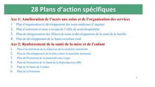 28 Plans d’action spécifiques
Axe 1: Amélioration de l’accès aux soins et de l’organisation des services
1. Plan d’organisation et développement des soins médicaux d’urgence
2. Plan d’extension et mise à niveau de l’offre de soins hospitalière
3. Plan de réorganisation des filières de soins et développement de la santé de la famille
4. Plan de développement de la Santé en milieu rural
Axe 2: Renforcement de la santé de la mère et de l’enfant
1. Plan d’accélération de la réduction de la mortalité maternelle
2. Plan de Développement de la lutte contre la mortalité néonatale
3. Plan de Promotion de la maternité sans risque
4. Plan de Promotion de la Santé de la Reproduction (SR)
5. Plan de la Santé de l’enfant
6. Plan de la Nutrition
46
 