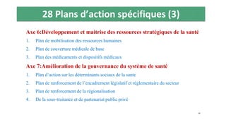 28 Plans d’action spécifiques (3)
Axe 6:Développement et maitrise des ressources stratégiques de la santé
1. Plan de mobilisation des ressources humaines
2. Plan de couverture médicale de base
3. Plan des médicaments et dispositifs médicaux
Axe 7:Amélioration de la gouvernance du système de santé
1. Plan d’action sur les déterminants sociaux de la sante
2. Plan de renforcement de l’encadrement législatif et réglementaire du secteur
3. Plan de renforcement de la régionalisation
4. De la sous-traitance et de partenariat public privé
48
 