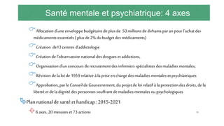 Santé mentale et psychiatrique: 4 axes
Allocation d’une enveloppe budgétaire deplus de 50 millions dedirhams par an pourl’achat des
médicaments essentiels ( plus de 2% du budget desmédicaments)
Création de13 centres d’addictologie
Création de l’observatoire national desdrogues et addictions,
Organisation d’un concours derecrutement desinfirmiers spécialistes des maladies mentales,
Révision de la loi de 1959 relative à la prise en chargedes maladies mentales etpsychiatriques
Approbation, par leConseil deGouvernement, duprojet deloi relatif à la protection desdroits, dela
liberté et dela dignité des personnes souffrant demaladies mentales ou psychologiques
Plan nationalde santéet handicap : 2015-2021
6axes, 20 mesures et 73 actions 55
 