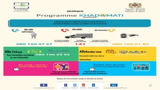 À partir du 04 Janvier 2016
Le Ministère de la Santé met à la disposition du citoyen des services d'information et
d'orientation par téléphone et par internet, pour améliorer l'accès aux services de santé
Réseaux de communication sociale du Ministère de laSanté
www.sante.gov.ma
Portail web dédié aux services
de santé des jeunes et adolescents
Portailwebnationalde l'information
et de l'éducationsanitairede toutela famille
AlloRendez-vous
Pour prendre rendez-vous dans un
hôpital publique
Allo Chikaya
Pour transmettre une plainte
ou une réclamation
Pour s'informer sur ce qu'il faut faire
encasd'exposition à unesubstance toxique
Allo intoxication
Pour s'informer en cas d'épidémies
etsur lesmoyens de s'enprémunir
Allo veille
épidémiologique
Pourdemander
un transport sanitaireurgent
Allo SAMU
67
 