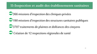 11-Inspection et audit des établissements sanitaires
366 missions d’inspectiondes cliniquesprivées
190 missions d’inspectiondes structures sanitaires publiques
3707 traitements de plaintes et doléancesdes citoyens
Création de12 inspectionsrégionales de santé
69
 