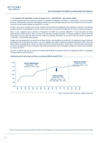 15
* Le prix de vente calculé correspond à la moyenne du CPJ45 et du CPJ35. Rappelons que ces deux produits représentent plus de 90 % des ventes de ciment au Maroc
Sources: Etude conseil de la concurrence, rapports annuels, ATI
700
800
900
1 000
1 100
1 200
1 300 Marché oligopolistique
TCAM des prix : +4,4%
TCAM Conso. Ciment : +8,2%
Marché de stabilité
TCAM des prix : 0,0%
TCAM Conso. Ciment : +3,0%
Entrée de CIMAT
TCAM des prix : +0,9%
TCAM Conso. Ciment : +1,2%
Evol. PDM CIMAT : 0% à 14,8%
2000
2001
2002
2003
2004
2005
2006
2007
2008
2009
2010
2011
2012
2013e
2014e
2015e
2016e
Evolution des prix de vente moyen du ciment sur la période 2000-2016e (MAD TTC/T)*
Un environnement favorable au rationnement des Capitaux
c. Un consensus des opérateurs locaux en faveur de la « soutenabilité » des prix du ciment
Le mode de gouvernance des cimentiers constitue un paramètre stratégique, justifiant la « soutenabilité » des prix du ciment
au Maroc. Contrairement au secteur sidérurgique marocain qui a subi une guerre des prix suite à son ouverture à la concurrence,
le secteur ciment semble marquer sa singularité à ce sujet.
En effet, force est de constater une certaine maturité concurrentielle du management des opérateurs cimentiers. Ces derniers
semblent favoriser la profitabilité du secteur contre toute action qui risquerait de dégrader les niveaux actuels de rentabilité.
Dans ce sens, rappelons que le processus d’intégration de CIMAT sur la période 2008-2013 n’a pas enclenché de baisse
significative et durable des prix. Bien au contraire, les opérateurs semblent accepter un nouveau partage du marché local tout
en relevant leur prix moyen de vente d’environ 2,8% sur la période 2012-2013e. Le prix de la tonne du ciment est passé de
1.183,0 Dh à 1.216,0 Dh sur cette période.
Compte tenu des perspectives du marché sur le moyen terme et des excédents de production, les opérateurs locaux s’orientent
actuellement vers l’exportation du clinker. A ce titre, rappelons que CIMAT a débuté ses premières opérations en 2013 alors que
Holcim Maroc et Lafarge Maroc viennent de signer des contrats d’exportation pour l’année 2014. Cette alternative permettrait
de relever sensiblement les taux d’utilisation des unités de production et par conséquent, alléger les tensions concurrentielles
sur les prix de vente.
Au final, la stabilité des prix du ciment sur la période 2014e-2016e se présente comme une hypothèse réaliste. Le graphique
ci-dessous illustre notre projection.
Int ROE Ciment 2014-8:Projet 15/05/14 18:13 Page15
 