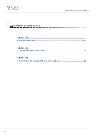 Valorisation & recommandations
A. Sélection du benchmark ...............................................................................27
B. Choix des multiples de valorisation...................................................................27
C. Détermination des cours objectifs & Recommandations ..........................................28
26
Valorisation & recommandations
Int ROE Ciment 2014-8:Projet 15/05/14 18:13 Page26
 