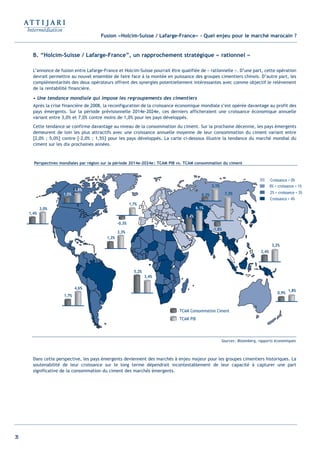 36
Fusion «Holcim-Suisse / Lafarge-France» - Quel enjeu pour le marché marocain ?
B. “Holcim-Suisse / Lafarge-France”, un rapprochement stratégique « rationnel »
L’annonce de fusion entre Lafarge-France et Holcim-Suisse pourrait être qualifiée de « rationnelle ». D’une part, cette opération
devrait permettre au nouvel ensemble de faire face à la montée en puissance des groupes cimentiers chinois. D’autre part, les
complémentarités des deux opérateurs offrent des synergies potentiellement intéressantes avec comme objectif le relèvement
de la rentabilité financière.
• Une tendance mondiale qui impose les regroupements des cimentiers
Après la crise financière de 2008, la reconfiguration de la croissance économique mondiale s’est opérée davantage au profit des
pays émergents. Sur la période prévisionnelle 2014e-2024e, ces derniers afficheraient une croissance économique annuelle
variant entre 3,0% et 7,0% contre moins de 1,0% pour les pays développés.
Cette tendance se confirme davantage au niveau de la consommation du ciment. Sur la prochaine décennie, les pays émergents
demeurent de loin les plus attractifs avec une croissance annuelle moyenne de leur consommation du ciment variant entre
[2,0% ; 5,0%] contre [-2,0% ; 1,5%] pour les pays développés. La carte ci-dessous illustre la tendance du marché mondial du
ciment sur les dix prochaines années.
Dans cette perspective, les pays émergents deviennent des marchés à enjeu majeur pour les groupes cimentiers historiques. La
soutenabilité de leur croissance sur le long terme dépendrait incontestablement de leur capacité à capturer une part
significative de la consommation du ciment des marchés émergents.
Perspectives mondiales par région sur la période 2014e-2024e: TCAM PIB vs. TCAM consommation du ciment
Sources: Bloomberg, rapports économiques
1,4%
3,0%
1,7%
4,6%
5,2%
3,4%
7,3%
-1,8%
3,1%
0,3%
6,1%
3,4%
3,2%
2,4%
1,8%
0,9%
-0,3%
1,7%
1,2%
3,3%
1,0%
2,8%
Croissance < 0%
0% < croissance < 1%
2% < croissance < 3%
Croissance < 4%
TCAM PIB
TCAM Consommation Ciment
Int ROE Ciment 2014-8:Projet 15/05/14 18:13 Page36
 