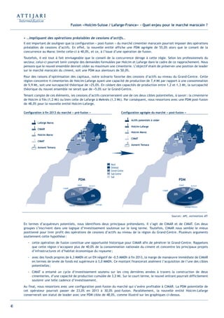 40
Fusion «Holcim-Suisse / Lafarge-France» - Quel enjeu pour le marché marocain ?
• …impliquant des opérations préalables de cessions d’actifs…
Il est important de souligner que la configuration « post-fusion » du marché cimentier marocain pourrait imposer des opérations
préalables de cessions d’actifs. En effet, la nouvelle entité affiche une PDM agrégée de 55,0% alors que le conseil de la
concurrence au Maroc limite celle-ci à 40,0%, et ce, à l’issue d’une opération de fusion.
Toutefois, il est tout à fait envisageable que le conseil de la concurrence déroge à cette règle. Selon les professionnels du
secteur, celui-ci pourrait tenir compte des demandes formulées par Holcim et Lafarge dans le cadre de ce rapprochement. Nous
pensons que le nouvel ensemble devrait céder au maximum une cimenterie. L’objectif étant de préserver une position de leader
sur le marché marocain du ciment, soit une PDM aux alentours de 50,0%.
Pour des raisons d’optimisation des capitaux, notre scénario favorise des cessions d’actifs au niveau du Grand-Centre. Cette
région concentre 4 cimenteries de Holcim-Lafarge ayant une capacité de production de 7,4 Mt par rapport à une consommation
de 5,9 Mt, soit une surcapacité théorique de +25,0%. En cédant des capacités de production entre 1,2 et 1,3 Mt, la surcapacité
théorique du nouvel ensemble ne serait que de +5,0% sur le Grand-Centre.
Tenant compte de ces éléments, les cessions d’actifs concerneraient une de ces deux cibles potentielles, à savoir: la cimenterie
de Holcim à Fès (1,2 Mt) ou bien celle de Lafarge à Meknès (1,3 Mt). Par conséquent, nous ressortons avec une PDM post-fusion
de 48,0% pour la nouvelle entité Holcim-Lafarge.
En termes d’acquéreurs potentiels, nous identifions deux principaux prétendants. Il s’agit de CIMAR et de CIMAT. Ces deux
groupes s’inscrivent dans une logique d’investissement soutenue sur le long terme. Toutefois, CIMAR nous semble le mieux
positionné pour tirer profit des opérations de cessions d’actifs au niveau de la région du Grand-Centre. Plusieurs arguments
soutiennent cette hypothèse:
- cette opération de fusion constitue une opportunité historique pour CIMAR afin de pénétrer le Grand-Centre. Rappelons
que cette région s’accapare plus de 40,0% de la consommation nationale du ciment et concentre les principaux projets
d’infrastructures et d’habitat économique du royaume;
- avec des fonds propres de 6,3 MMDh et un EN négatif de -0,5 MMDh à fin 2013, la marge de manœuvre immédiate de CIMAR
en termes de levée de fonds est supérieure à 3,0 MMDh. Ce montant financerait aisément l’acquisition de l’une des cibles
potentielles;
- CIMAT a entamé un cycle d’investissement soutenu sur les cinq dernières années à travers la construction de deux
cimenteries, d’une capacité de production cumulée de 3,2 Mt. Sur le court terme, le nouvel entrant pourrait difficilement
soutenir une telle cadence d’investissement.
Au final, nous ressortons avec une configuration post-fusion du marché qui s’avère profitable à CIMAR. La PDM potentielle de
cet opérateur pourrait passer de 23,0% en 2013 à 30,0% post-fusion. Parallèlement, la nouvelle entité Holcim-Lafarge
conserverait son statut de leader avec une PDM cible de 48,0%, comme illustré sur les graphiques ci-dessus.
Lafarge
CIMAR
Holcim
CIMAT Asment
Lafarge/Holcim
CIMAR
CIMAT Asment
Nord
Oriental
Grand-Centre
Sud-Centre
Sud
Configuration agrégée du marché « post-fusion »Configuration à fin 2013 du marché « pré-fusion »
PDM PDM
Sources: APC, estimations ATI
Lafarge Maroc
CIMAR
Holcim Maroc
CIMAT
Asment Temara
Actifs potentiels à céder
Holcim-Lafarge
Holcim Maroc
CIMAT
Asment Temara
Int ROE Ciment 2014-8:Projet 15/05/14 18:13 Page40
 