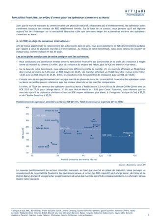 5
Alors que le marché marocain du ciment entame une phase de maturité, nécessitant peu d’investissements, les opérateurs cotés
conservent toujours des niveaux de ROE relativement limités. Sur la base de ce constat, nous pensons qu’il est légitime
aujourd’hui de s’interroger sur la rentabilité financière cible que devraient exiger les actionnaires vis-à-vis des opérateurs
cimentiers au Maroc.
A. Un ROE en-deçà du consensus international…
Afin de mieux appréhender le raisonnement des actionnaires dans ce sens, nous avons positionné le ROE des cimentiers au Maroc
par rapport à celui de plusieurs marchés à l’international. Au niveau de notre benchmark, nous avons retenu les majors* de
chaque pays, comme indiqué en bas de page.
Les principales conclusions de notre analyse sont les suivantes:
• Nous constatons une corrélation inverse entre la rentabilité financière des actionnaires et le profil de croissance à moyen
terme du marché du ciment. En effet, plus la croissance du secteur est faible, plus le ROE est élevé et vice-versa;
• Sur la base de notre benchmark, nous relevons trois différents profils de marché. (1) les marchés affichant un TCAM futur
des revenus de moins de 5,0% avec un ROE moyen de 33,0%. Les marchés affichant un TCAM futur des revenus entre 5,0 et
12,0% avec un ROE moyen de 24,0%. Enfin, les marchés à très fort potentiel de croissance avec un ROE de 18,0%;
• Compte tenu de son positionnement en tant que marché en phase de maturité, la rentabilité financière des opérateurs cotés
au Maroc ne semble pas en cohérence avec les niveaux observés sur les marchés comparables.
En effet, le TCAM des revenus des opérateurs cotés au Maroc s’établit entre 2,5 et 4,0% sur la période 2014e-2016e avec un
ROE 2013 de 27,0% pour Lafarge Maroc, 11,0% pour Holcim Maroc et 13,0% pour Cimar. Toutefois, nous relevons que les
marchés à profil de croissance similaire offrent un ROE moyen nettement plus élevé, à l’image de l’Afrique du Sud à 37,0%
et de l’Arabie Saoudite à 30,0%.
Positionnement des opérateurs cimentiers au Maroc: ROE 2013 Vs. TCAM des revenus sur la période 2014e-2016e
Le nouveau positionnement du secteur cimentier marocain, en tant que marché en phase de maturité, laisse présager un
réajustement de la rentabilité financière des opérateurs locaux. A terme, les ROE respectifs de Lafarge Maroc, de Cimar et de
Holcim Maroc devraient se rapprocher progressivement de celui des marchés à profil de croissance similaire. Le schéma ci-dessus
illustre notre scénario.
12%
5%
10%
15%
20%
25%
30%
35%
40%
1% 5% 9% 13% 17%
ROEmoyen13
Proﬁl de croissance des revenus 14e-16e
Lafarge Maroc
Cimar
Holcim Maoc
Arabie saoudite
Thailande Brésil
Inde
Pakistan
Afrique du Sud
Indonésie
Egypte
Philippines
ROE 33,0%
ROE 24,0%
ROE 18,0%
Rentabilité financière, un enjeu d’avenir pour les opérateurs cimentiers au Maroc
* Afrique du Sud (PPC, Barloworld), Arabie Saoudite (Saudi Cement Company, Southern Province Cement, Qassim Cement, Yamama Cement, Yanbu
Cement), Thaïlande (Siam Cement), Brésil (Eternit SA), Inde (Ultratech Cement, Ramco cement), Indonésie (Indocement), Egypte (Misr Cement,
Alexandria Cement), Pakistan (Lucky Cement), Philippines (Holcim Philippines, Lafarge Republic)
Sources: Bloomberg, calculs ATI
Int ROE Ciment 2014-8:Projet 15/05/14 18:13 Page5
 