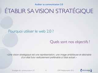 Auditer sa communication 2.0


ÉTABLIR SA VISION STRATÉGIQUE


 Pourquoi utiliser le web 2.0 ?

                                                      Quels sont nos objectifs ?


«Une vision stratégique est une représentation, une image ambitieuse et désirable
              d’un état futur radicalement préférable à l’état actuel.»




     Stratégies de communication 2.0             12          CRP Méditerranée 2012
 
