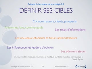 Préparer le lancement de sa stratégie 2.0


               DÉFINIR SES CIBLES
                                      Consommateurs, clients, prospects
Anonymes, fans, communautés
                                                          Les relais d’informations

         Les nouveaux étudiants et futurs administrateurs

 Les inﬂuenceurs et leaders d’opinion
                                                                  Les administrateurs
       « Ce qui rend les marques inﬂuentes, ce n’est pas leur taille, mais leur communauté »
                                                                                 Chuck Byrne


    Stratégies de communication 2.0          16          CRP Méditerranée 2012
 
