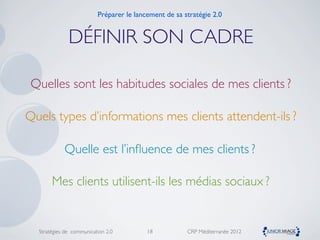 Préparer le lancement de sa stratégie 2.0


              DÉFINIR SON CADRE

 Quelles sont les habitudes sociales de mes clients ?

Quels types d’informations mes clients attendent-ils ?

            Quelle est l’inﬂuence de mes clients ?

       Mes clients utilisent-ils les médias sociaux ?


  Stratégies de communication 2.0         18           CRP Méditerranée 2012
 