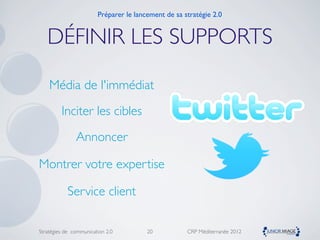 Préparer le lancement de sa stratégie 2.0


   DÉFINIR LES SUPPORTS

    Média de l'immédiat
         Inciter les cibles
               Annoncer

Montrer votre expertise

            Service client

Stratégies de communication 2.0         20           CRP Méditerranée 2012
 