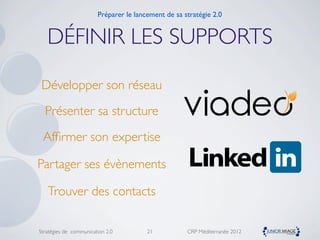 Préparer le lancement de sa stratégie 2.0


   DÉFINIR LES SUPPORTS

 Développer son réseau
  Présenter sa structure
 Afﬁrmer son expertise

Partager ses évènements

   Trouver des contacts

Stratégies de communication 2.0         21           CRP Méditerranée 2012
 