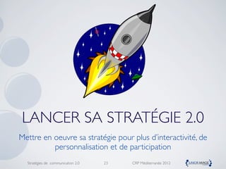 LANCER SA STRATÉGIE 2.0
Mettre en oeuvre sa stratégie pour plus d’interactivité, de
          personnalisation et de participation
  Stratégies de communication 2.0   23   CRP Méditerranée 2012
 