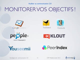 Auditer sa communication 2.0


MONITORER VOS OBJECTIFS !


                                                    Tweetdeck            Hootsuite




 Stratégies de communication 2.0             15          CRP Méditerranée 2012
 