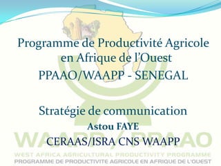Programme de Productivité Agricole
       en Afrique de l’Ouest
   PPAAO/WAAPP - SENEGAL

   Stratégie de communication
            Astou FAYE
     CERAAS/ISRA CNS WAAPP
 