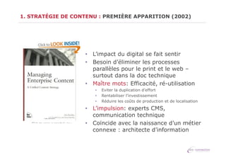 1. STRATÉGIE DE CONTENU : PREMIÈRE APPARITION (2002)

•  L’impact du digital se fait sentir
•  Besoin d’éliminer les processes parallels
pour le print et le web – surtout dans la
doc technique
•  Maître mots: Efficacité, ré-utilisation
• 
• 
• 

Eviter la duplication d’effort
Rentabiliser l’investissement
Réduire les coûts de production et de localisation

•  L’impulsion: experts CMS,
communication technique
•  Coïncide avec la naissance d’un métier
connexe : architecte d’information

 