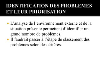  L’analyse de l’environnement externe et de la
situation présente permettent d’identifier un
grand nombre de problèmes.
 Il faudrait passer à l’étape de classement des
problèmes selon des critères
 