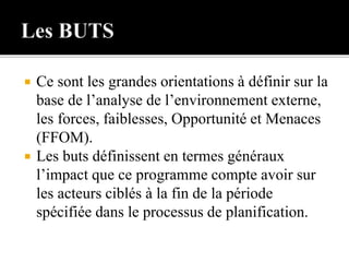  Ce sont les grandes orientations à définir sur la
base de l’analyse de l’environnement externe,
les forces, faiblesses, Opportunité et Menaces
(FFOM).
 Les buts définissent en termes généraux
l’impact que ce programme compte avoir sur
les acteurs ciblés à la fin de la période
spécifiée dans le processus de planification.
 