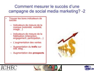 Comment mesurer le succès d’une campagne de social media marketing? -2 Trouver les bons indicateurs de succès Indicateurs de mesure de la marque (notoriété, visibilité, image…) Indicateurs de mesure de la fidélisation (interaction, engagement, participation…) L’augmentation des ventes  Augmentation du  trafic  sur site, blog… Augmentation des  prospects 