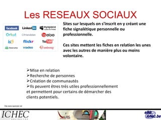 Les RESEAUX SOCIAUX Sites sur lesquels on s’inscrit en y créant une fiche signalétique personnelle ou professionnelle.  Ces sites mettent les fiches en relation les unes avec les autres de manière plus ou moins volontaire. Mise en relation Recherche de personnes Création de communautés Ils peuvent êtres très utiles professionnellement et permettent pour certains de démarcher des clients potentiels. http:www.leperiple.net 