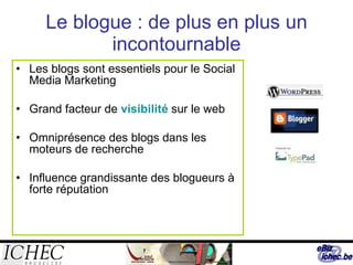 Le blogue : de plus en plus un incontournable Les blogs sont essentiels pour le Social Media Marketing Grand facteur de  visibilité  sur le web Omniprésence des blogs dans les moteurs de recherche Influence grandissante des blogueurs à forte réputation 