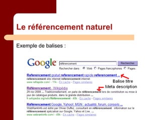 Le référencement naturel Exemple de balises : 