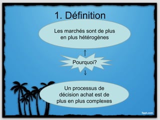 1. Définition
Les marchés sont de plus
  en plus hétérogènes



       Pourquoi?



   Un processus de
 décision achat est de
plus en plus complexes
 