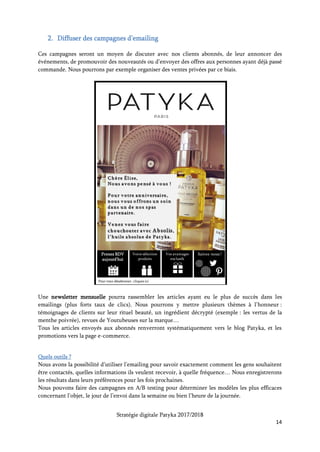 Stratégie digitale Patyka 2017/2018
14
Quels résultats ?
Les campagnes seront accordées aux objectifs de la société : faire du chiffre grâce à des offres
promotionnelles, garder de la présence à l’esprit avec des envois fréquents, augmenter
l’engouement pour la marque avec des contenus qualitatifs, augmenter la satisfaction produit avec
des emailings d’enquête.
3. Récompenser la fidélité des clients
Plusieurs moyens serviront à récompenser les clients les plus fidèles : un programme de fidélité,
des concours pour gagner des produits ou des soins offerts dans un spa partenaire.
Il faudra encourager le parrainage dans tous ces procédés afin d’augmenter la notoriété de Patyka
dans le même temps.
Possibilité de créer une application dédiée au programme de fidélité. Ceci donnerait un accès
quotidien aux clients les plus fidèles et pourrait susciter ainsi de la préférence à l’achat. Il y aurait
un système de paiement simplifié, des listes de produits préférés, des recommandations
personnalisées… Envoyer à l’occasion des notifications push aux clients.
Quels outils ?
Appy Pie, Build Fire ou Como permettent de créer une application gratuitement.
Quels résultats ?
Faire partie de la vie de la cliente pour augmenter la préférence à l’achat, les ventes
complémentaires ou le bouche-à-oreille fait autour de la marque.
 