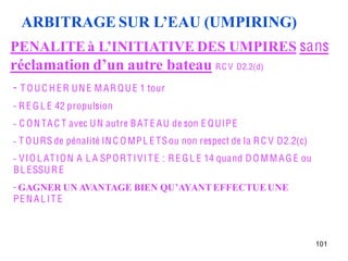 ARBITRAGE SUR L’EAU (UMPIRING)
PENALITE à L’INITIATIVE DES UMPIRES sans
réclamation d’un autre bateau R C V D2.2(d)
- T O U C H E R U N E M A R Q U E 1 tour
- R E G L E 42 propulsion
- C O N TA C T avec U N autre B AT E A U de son E Q U IP E
- T O U RS de pénalité IN C O MP L E TS ou non respect de la R C V D2.2(c)
- V I O L AT I O N A L A SP O R T I V I T E : R E G L E 14 quand D O M M A G E ou
B L ESSU R E
- GAGNER UN AVANTAGE BIEN QU’AYANT EFFECTUE UNE 
PEN ALIT E



                                                                                    101
 