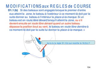 M O D I F I C AT I O NS aux R E G L ES de C O U RSE
 D1.1 (b) Si des bateaux sont engagés lorsque le premier d’entre 
  eux atteint la zone, le bateau à l’extérieur à ce moment-là doit par la
  suite donner au  bateau à l’intérieur la place-à-la-marque. Si un
  bateau est en route libre devant lorsqu'il atteint la zone, ou s’il 
  devient ensuite en route libre devant quand un autre bateau
  dépasse la position bout au vent, le bateau en route libre derrière à
  ce moment-là doit par la suite lui donner la place-à-la-marque. »



                                   As-tu lu la règle D1.1(b) qui modifie la 18.2(c) ?




                                                                                 104
 
