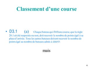 Classement d’une course


• D3.1          (a)       Chaque bateau qui finit une course, que la règle
 28.1 ait été respectée ou non, doit recevoir le nombre de points égal à sa
 place d’arrivée. Tous les autres bateaux doivent recevoir le nombre de 
 points égal au nombre de bateaux admis à couri r .


                                  mais


                                                                              4
 