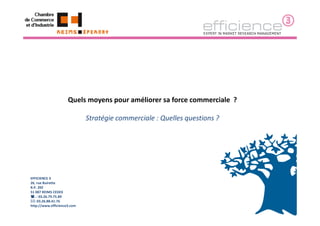 Quels moyens pour améliorer sa force commerciale ?

                             Stratégie commerciale : Quelles questions ?




EFFICIENCE 3
26, rue Buirette
B.P. 202
51 087 REIMS CEDEX
   . : 03.26.79.75.89
   : 03.26.88.41.76
http://www.efficience3.com
                                                                           1
 