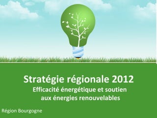 Stratégie régionale 2012   Efficacité énergétique et soutien  aux énergies renouvelables Master Ingénierie des Partenariats Publics – Privés – 2011-2012 Région Bourgogne 