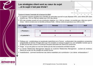 + 1000



Les stratégies client sont au cœur du sujet
…et le sujet n’est pas trivial !                                                               0


                                                                                                        Marge brute
                                                                                                           par
                                                                                                          client

                                                                                           - 1000

Toujours à travers l’exemple de la banque de détail :                                               0        20       40   60      80   100


   Le segment vraiment rentable de la clientèle de particuliers pourrait ne pas dépasser 40%, voire même 20% dans
    certains cas. 70% du PNB est réalisé avec 30% des clients.
   50% des comptes ouverts ont une contribution négative. (Le « droit au compte » ne semble pas y être pour grand-
    chose : même constat avec la clientèle professionnelle ; mêmes ordres de grandeurs aux USA ou UK).

30% clients => 70%              Fuyant                   Nomade                        Suiveur                             Actif
       PNB

     « Premium »                   X                         X                           X                                  X


    « A potentiel »                X                         X                           X                                  X



   Politique prix : problématique et paradoxale (spécificité de la France) : surfacturation des prestations accessoires
    (préjudiciable en termes d’image) alors que l’on constate un manque à gagner (ou une rentabilité moindre que ce
    qu’elle pourrait être) comme si la banque française dissuadait ses clients de consommer.
   Image : ce qui est gratuit ne vaut rien tandis que les frais accessoires semblent abusifs.
   Le Vendor Relationship Management dépasse le Customer Relationship Management : souhait de nombreux
    clients de ne pas voir les chargés de compte tourner.
   Insatisfactions : comment transformer des clients insatisfaits (et à contribution +) en clients ambassadeurs ?




                                         2013 Copyright emoveo. Tous droits réservés                6
 
