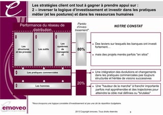 Les stratégies client ont tout à gagner à prendre appui sur :
                 2 – inverser la logique d’investissement et investir dans les pratiques
                 métier (et les postures) et dans les ressources humaines

                                                                 Pareto
    Performance du réseau de                                    d'inves-                                NOTRE CONSTAT
           distribution                                       tissement*

1                   2                     3


                                              Les                                   Des leviers sur lesquels les banques ont investi
      Les                                  systèmes                                  fortement…
  structures            Les outils            de                 80%
et les process                             manageme
                                               nt                                   mais des projets menés parfois "en silos"




4         Les pratiques commerciales                                                Une intégration des évolutions et changements
                                                                                     dans les pratiques commerciales pas toujours
                                                                                     structurée et héritée de visions successives
                                                                 20%
5                   Les hommes                                                      Une "hauteur de la marche" à franchir importante
                                                                                     parfois mal appréhendée et des trajectoires pour
                                                                                     atteindre la cible mal définies ou "brutales"


                 *Nous évoquons une logique constatée d’investissement et pas une clé de répartition budgétaire.


                                                               2013 Copyright emoveo. Tous droits réservés         8
 