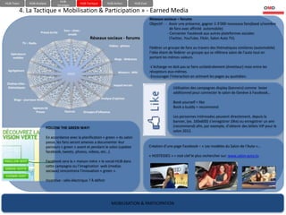 HUB-
HUB-Team           HUB-Analyse                        HUB-Tactique         HUB-Action             HUB-Eval
                                      Stratégie
          4. La Tactique « Mobilisation & Participation » - Earned Media
                                                                                                             Réseaux sociaux – forums
                                                                                                             Objectif : - Avoir une présence, gagner 2-3’000 nouveaux fans(basé s/nombre
                                          Sms – chats -
                                                                                                                           de fans avec affinité automobile)
                          Presse écrite                                                                                  - Connecter Facebook aux autres plateformes sociales
                                            emails
                                                              Réseaux sociaux - forums                                     (Twitter, YouTube, Flickr, Salon Auto TV).
             TV – Radio
                                                                            Vidéos - photos
                                                                                                             Fédérer un groupe de fans au travers des thématiques similaires (automobile)
   Opérateurs                                                                                                l’idée étant de fédérer un groupe qui se référera salon de l’auto tout en
    mobiles                                                                      Blogs - Webzines
                                                                                                             portant les mêmes valeurs.

                                                                                                             -L’échange ne doit pas se faire unilatéralement (émetteur) mais entre les
 Agrégateurs                                                                                                 récepteurs eux-mêmes.
                                             GIEEC                                  Moteurs - Wiki
                                                                                                             -Encourager l’interaction en animant les pages au quotidien.
 Chaînes infos -                                                                 Impact terrain
  thématiques                                                                                                              Utilisation des campagnes display (banners) comme levier
                                                                                                                           additionnel pour connecter le salon de Genève à Facebook…
      Blogs – journaux-Web                                            Analyse d’opinion
                                                                                                                           Book yourself = like
                     Agences de                                                                                            Book a buddy = recommend
                       Presse              Sources        Groupes d’influence
                                                                                                                           Les personnes intéressées peuvent directement, depuis la
                                                                                                                           banner, (ex. 160x600) s’enregistrer (like) ou enregistrer un ami
                             FOLLOW THE GREEN WAY!                                                                         (recommend) afin, par exemple, d’obtenir des billets VIP pour le
                                                                                                                           salon 2012.
                             En accordance avec la planification « green » du salon
                             passe, les fans seront amenes a documenter leur
                             parcours « green » avant et pendant le salon (update                            Création d’une page Facebook – « Les modèles du Salon de l’Auto »…
                             facebook, tweets, photos, videos, etc…).
                                                                                                             « HOSTESSES » = mot clef le plus rechercher sur: www.salon-auto.tv.
                             Facebook sera la « maison mère » le social-HUB dans
                             cette campagne ou l’imagination web (medias
                             sociaux) rencontrera l’innovation « green ».

                             Incentive : vélo-électrique ? À définir




                                                                                MOBILISATION & PARTICIPATION
 