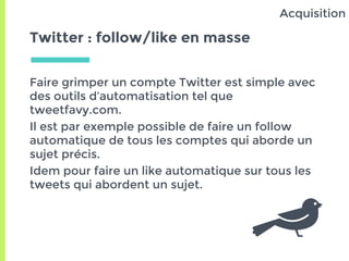 Twitter : follow/like en masse
Faire grimper un compte Twitter est simple avec
des outils d’automatisation tel que
tweetfa...