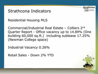 Strathcona Indicators

Residential Housing MLS

Commercial/Industrial Real Estate – Colliers 2nd
Quarter Report - Office vacancy up to 14.89% (One
building 60,000 sq.ft.) including sublease 17.25%
(Newman College space)

Industrial Vacancy 0.26%

Retail Sales - Down 2% YTD
 