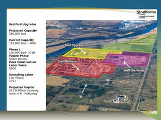 Scotford Upgrader

Projected Capacity
280,000 bpd

Current Capacity
155,000 bdp – 2006

Phase 1
100,000 bpd- 2010
Future Phase
Under Review
Peak Construction
Labor Force
6000

Operating Labor
(1st Phase)
175+

Projected Capital
$12.8 Billion including
mine in Ft. McMurray
 