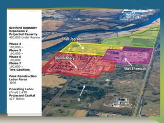 Scotford Upgrader
Expansion 2
Projected Capacity
400,000 Under Review

Phase 4
100,000 –
Phase 5
100,000 –
Phase 6
100,000
Phase 7
100,000 –
Two Gasifiers

Peak Construction
Labor Force
3800

Operating Labor
(Final) 1,438
Projected Capital
$27 Billion
 