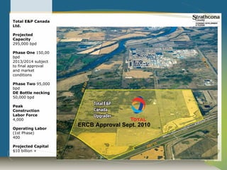 Total E&P Canada
Ltd.

Projected
Capacity
295,000 bpd

Phase One 150,00
bpd
2013/2014 subject
to final approval
and market
conditions

Phase Two 95,000
bpd
DE Bottle necking
50,000 bpd

Peak
Construction
Labor Force
4,000
                    ERCB Approval Sept. 2010
Operating Labor
(1st Phase)
400

Projected Capital
$10 billion +
 
