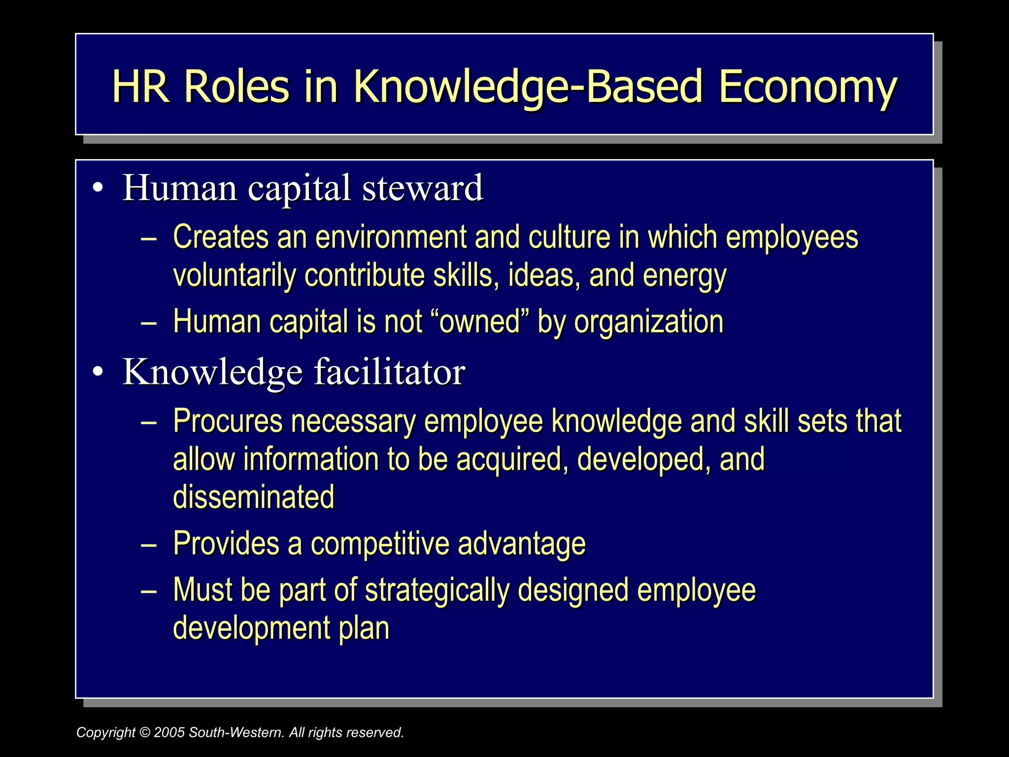HR Roles in Knowledge-Based Economy Human capital steward Creates an environment and culture in which employees voluntarily contribute skills, ideas, and energy Human capital is not “owned” by organization Knowledge facilitator Procures necessary employee knowledge and skill sets that allow information to be acquired, developed, and disseminated Provides a competitive advantage  Must be part of strategically designed employee development plan 