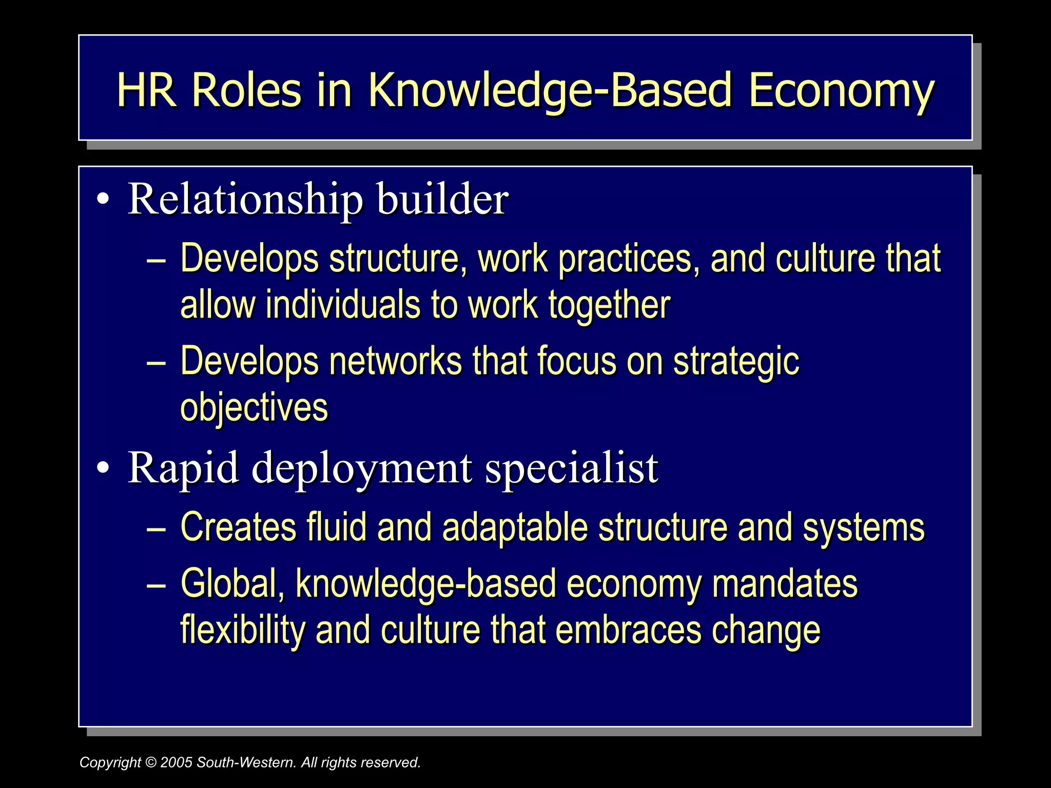 HR Roles in Knowledge-Based Economy Relationship builder Develops structure, work practices, and culture that allow individuals to work together Develops networks that focus on strategic objectives Rapid deployment specialist Creates fluid and adaptable structure and systems Global, knowledge-based economy mandates flexibility and culture that embraces change 
