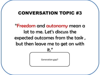 CONVERSATION TOPIC #3 “ Freedom  and  autonomy  mean a lot to me. Let’s discuss the expected outcomes from the task , but ...