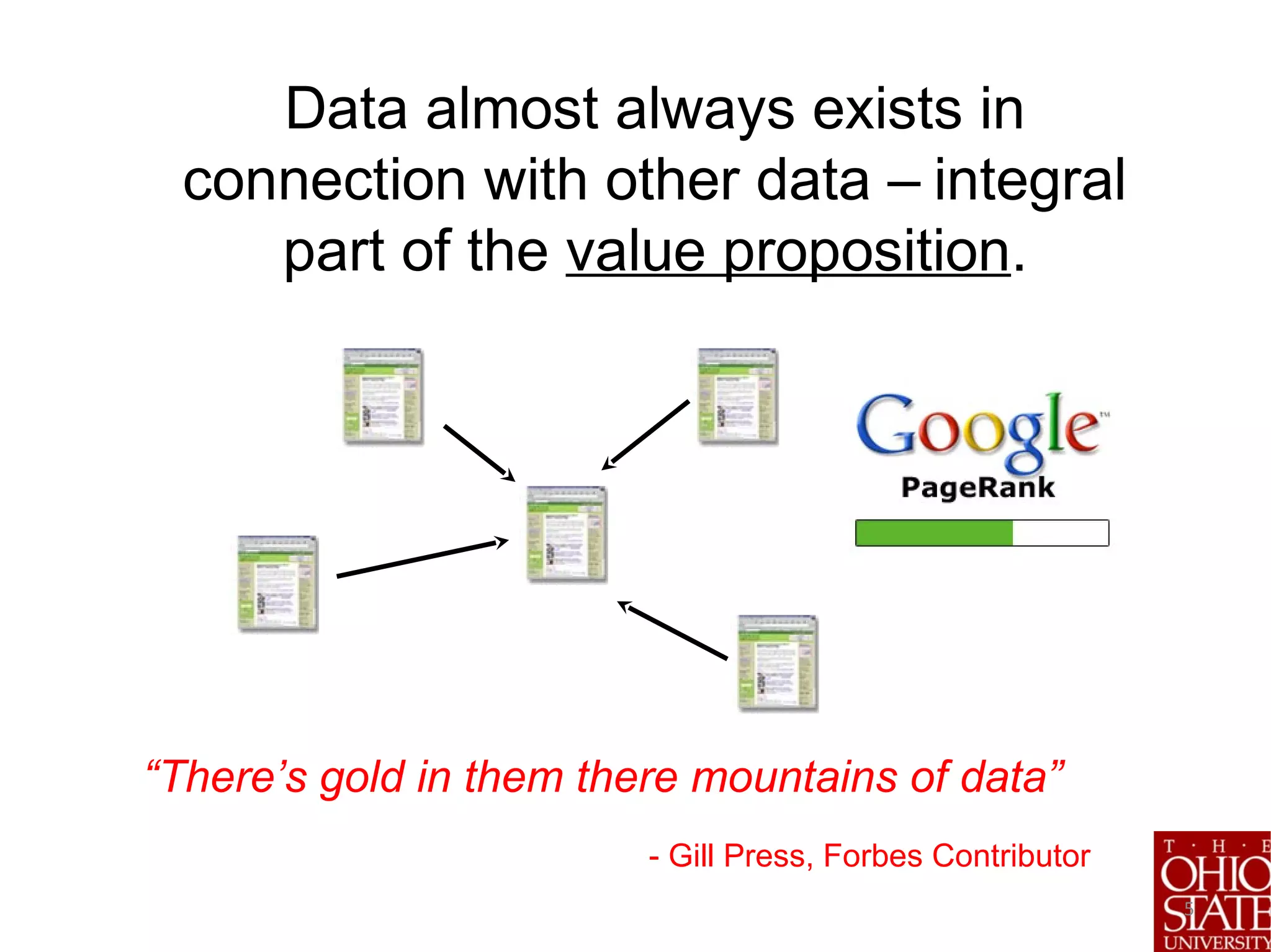 Data almost always exists in
connection with other data – integral
part of the value proposition.
5
“There’s gold in them there mountains of data”
- Gill Press, Forbes Contributor
 