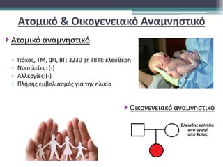  Ατομικό αναμνηστικό
◦ Ιτόκος, ΤΜ, ΦΤ, ΒΓ: 3230 gr, ΠΓΠ: ελεύθερη
◦ Νοσηλείες: (-)
◦ Αλλεργίες:(-)
◦ Πλήρης εμβολιασμός για την ηλικία
Ατομικό & Οικογενειακό Αναμνηστικό
 Οικογενειακό αναμνηστικό
 