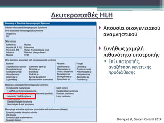 Δευτεροπαθές HLH
 Απουσία οικογενειακού
αναμνηστικού
 Συνήθως χαμηλή
πιθανότητα υποτροπής
 Επί υποτροπής,
αναζήτηση γενετικής
προδιάθεσης
Zhang et al, Cancer Control 2014
 