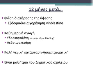 12 μήνες μετά…
Φάση διατήρησης της ύφεσης
 Εβδομαδιαία χορήγηση vinblastine
Καθημερινή αγωγή
 Υδροκορτιζόνη (ιατρογενές σ. Cushing)
 Λεβετιρακετάμη
Καλή γενική κατάσταση-Aσυμπτωματική
Είναι μαθήτρια του Δημοτικού σχολείου
 